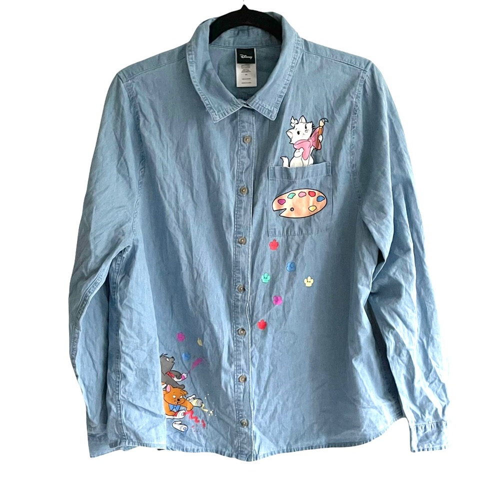 DISNEY The Aristocats Chambray Woven Cotton Button-Up Shirt Light Blue XL